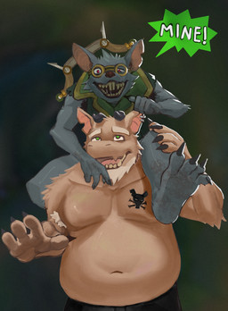 anthro armpit_hair beard belly bodily_fluids body_hair bottomwear buckteeth carrying_another claws clothing crossbow dialogue duo eyebrows eyewear facial_hair feet fur goggles green_eyes grey_body grey_fur half-closed_eyes horn larger_male looking_up male male/male narrowed_eyes navel notched_ear open_mouth open_smile pants piggyback ranged_weapon red_eyes saliva sharp_teeth size_difference slightly_chubby smaller_male smile speech_bubble tattoo teeth text thick_eyebrows tongue topwear vest weapon yellow_teeth windgov league_of_legends riot_games tencent twitch_(lol) zelrog_(muskydemon) demon mammal murid murine rat rodent 2026 hi_res