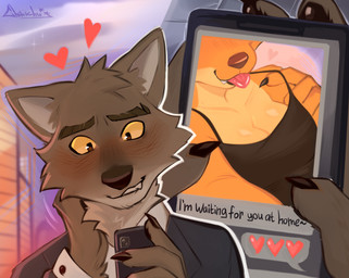anthro bite biting_lip black_pawpads blep blush breasts brown_nose camisole canon_couple cheek_tuft claws cleavage clothed clothing collarbone duo electronics emoji facial_tuft fangs female fingers fur grey_body grey_fur head_tuft heart_symbol holding_object holding_phone looking_at_object looking_at_phone male male/female medium_breasts message message_box multicolored_body multicolored_fur orange_body orange_fur outside pawpads phone phone_screen snout teeth text text_message tongue tongue_out tuft yellow_body yellow_fur yellow_sclera chibichu~ dreamworks the_bad_guys diane_foxington mr._wolf_(the_bad_guys) canid canine canis fox mammal wolf colored digital_drawing_(artwork) digital_media_(artwork) english_text hi_res shaded
