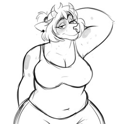 2_horns anthro bangs bent_arm black_eyebrows black_eyes black_hair_tie bodily_fluids bottomwear bra closed_smile clothed clothed_anthro clothed_female clothing ear_piercing eyebrows eyelashes female fully_clothed fully_clothed_anthro fully_clothed_female fur grey_spots hair half-closed_eyes horn looking_at_viewer midriff mouth_closed narrowed_eyes navel pants piercing ponytail simple_background slightly_chubby slightly_chubby_anthro slightly_chubby_female smile smiling_at_viewer solo sports_bra spots sweat sweaty_arms sweaty_face underwear white_background white_body white_bottomwear white_bra white_clothing white_fur white_hair white_horn white_nose white_pants white_sports_bra white_underwear wide_hipped_anthro wide_hipped_female ractoons raquel_cattle bovid bovine cattle mammal 1:1 2021 digital_drawing_(artwork) digital_media_(artwork) english_description greyscale half-length_portrait hi_res monochrome portrait sketch