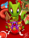 anthro big_head big_nose christmas_clothing christmas_headwear christmas_present christmas_tree clothing duo featureless_chest female gift hat headgear headwear holidays inside male plant santa_hat toony tree unwrapping turkojar christmas playtonic_games yooka-laylee laylee yooka bat chameleon lizard mammal megabat reptile scalie absurd_res hi_res