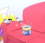 anthro black_sclera blue_eyes breath dessert female food fur furniture ice_cream multicolored_body multicolored_fur nails sharp_nails sofa solo two_tone_body two_tone_fur white_body white_fur yellow_body yellow_fur bunnemilk bandai_namco digimon canid digimon_(species) mammal renamon 2023 hi_res