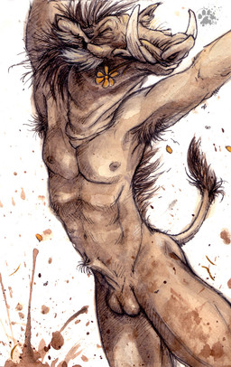 animal_genitalia anthro armpit_hair balls body_hair brown_body brown_fur eyes_closed flower flower_in_mouth fur genitals hair happy inner_ear_fluff male nude nude_anthro nude_male plant sheath solo tail tail_tuft tuft tusks blotch scratches_volume_1 mammal suid suine warthog 2006 hi_res traditional_media_(artwork)