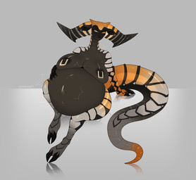 anthro belly big_belly big_breasts breasts emanata female horn huge_belly long_tail piercing simple_background solo stripes tail vore cmitchell hybrid absurd_res hi_res