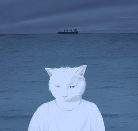 ambiguous_gender anthro blue_eyes clothing fur merchant_ship outside sea seascape ship shirt sky solo t-shirt text topwear vehicle water watercraft white_body white_clothing white_fur white_shirt white_t-shirt white_topwear avianvevo domestic_cat felid feline felis mammal hi_res