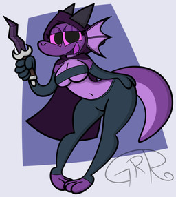 anthro breasts chest_wraps cleavage cloak clothed clothing crossgender dagger female frill_(anatomy) gloves handwear holding_object holding_weapon hood hooded_cloak horn leggings legwear melee_weapon membrane_(anatomy) membranous_frill navel non-mammal_breasts non-mammal_navel pink_eyes purple_body sassy solo standing tail thick_thighs tight_clothing tongue under_boob weapon wide_hips wraps conditional_dnp sr-g plum_(plumbold) kobold lizard reptile scalie 2025 digital_media_(artwork) hi_res