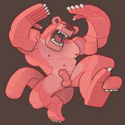 abs abstract_art anthro balls brutalism cubism feet foreskin fur genitals half-erect jumping larger_but_small male muscular muscular_male pecs penis pink_body pink_fur roaring simple_background small_penis solo ravuer felid mammal pantherine hi_res