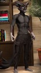 abs anthro athletic athletic_male barefoot black_body black_bottomwear black_clothing black_fur black_hair black_pants black_pawpads book bottomwear clothed clothing feet fur gloves_(marking) grey_body grey_fur hair highlights_(coloring) inside leather leather_bottomwear leather_clothing leather_pants looking_at_viewer male markings multicolored_body multicolored_fur multicolored_hair pants pawpads pecs red_eyes red_highlights solo standing topless topless_anthro topless_male two_tone_body two_tone_fur two_tone_hair conditional_dnp domibun warfaremachine_(modeler) akuma_(domibun) canid canine fox mammal 2022 3d_(artwork) 4k 9:16 absurd_res digital_media_(artwork) hi_res source_filmmaker_(artwork)