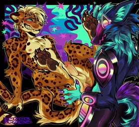 anal anal_penetration anthro balls blush duo feet foot_on_face genitals machine male male/male nipples pawpads penetration smile tail duncedogs felid feline mammal protogen hi_res