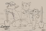 2020 3_toes 4_fingers anthro aralyre barefoot bodily_fluids canid canine clothed clothing disney feet female fence fingers fox fully_clothed gideon_grey group hat headgear headwear hi_res inktober judy_hopps kneeling lagomorph leporid looking_at_another male mammal monochrome nick_wilde outside rabbit red_fox shovel signature smile standing sweat sweatdrop toes tongue tongue_out tools true_fox zootopia