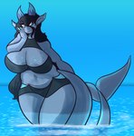 anthro big_breasts bikini bikini_bottom bikini_top breasts clothed clothing ears_up female hair horn simple_background sky solo swimwear tail thick_thighs two-piece_swimsuit water wide_hips marshbreeze fish humanoid marine shark digital_media_(artwork) hi_res