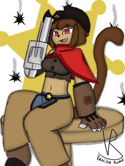 anthro brown_body brown_fur bullet_hole chaps clothing cowboy_hat female fur furniture gun_arm hat headgear headwear on_table poncho simple_background sitting sitting_on_table solo table weapon_arm vanilla_road gameoverse glitch_productions kit_bodega domestic_cat felid feline felis mammal 3:4 absurd_res hi_res