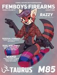 anthro bisexual_pride_colors bulge clothed clothing crossdressing dual_wielding femboy front_tie_shirt gun handgun holding_object holding_weapon kneeling legwear lgbt_pride male pattern_clothing pattern_legwear pattern_shirt pattern_stockings pattern_topwear plaid plaid_clothing plaid_shirt plaid_topwear pride_colors ranged_weapon revolver shirt solo stockings striped_clothing striped_legwear striped_stockings stripes text thong topwear underwear weapon marcus_gray ailurid mammal red_panda 3:4 cover english_text hi_res magazine_cover