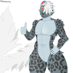 anthro black_nose femboy fluffy fur grey_body grey_fur hair leopard_spots male markings orange_eyes pink_sclera simple_background solo spots spotted_body tail frostyshivers shivers(frostyshivers) felid feline mammal pantherine snow_leopard 1:1 absurd_res hi_res