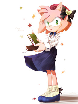 anthro black_nose blue_bottomwear blue_clothing blue_skirt book bottomwear clothing female footwear green_eyes hair hat headgear headwear pink_hair short_hair skirt solo text thin_calves wind ゆず香 sega sonic_the_hedgehog_(series) amy_rose eulipotyphlan hedgehog mammal 2017 3:4 english_text hi_res
