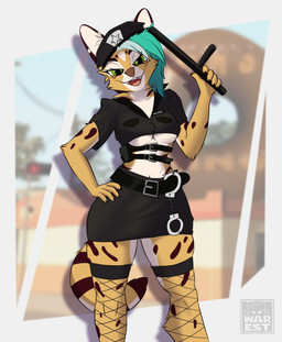 anthro belt big_ears breasts clothing cuff_(restraint) electroshock_weapon female fur green_eyes green_hair hair handcuffs hat headgear headwear looking_at_viewer markings metal_cuffs police police_uniform restraints smile solo spots spotted_body star stun_baton teeth under_boob uniform weapon conditional_dnp warest grand_theft_auto grand_theft_auto:_san_andreas rockstar_games hannah_(warest) felid feline mammal serval absurd_res hi_res