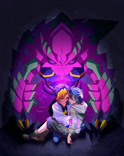 anthro blue_hair claws cradling eyewear glasses glowing group hair male purple_hair trio wounded seru_021 bandai_namco digimon digimon_beatbreak raito_souda tomoro_tenma armalizamon digimon_(species) human mammal scalie hi_res