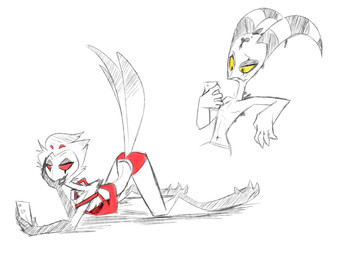 4_eyes all_fours anthro ass_up cellphone clothed clothing crop_top duo electronics feathers feet femboy fingers horn male mature_anthro mature_male midriff multi_eye open_mouth phone shirt skimpy smartphone smile spikes spikes_(anatomy) tail tail_feathers topless topless_male topwear underwear galo hellaverse helluva_boss blitzo_(helluva_boss) stolas_(helluva_boss) avian bird demon demon_humanoid horned_humanoid humanoid imp owl owl_demon 2022 absurd_res black_and_white hi_res monochrome sketch