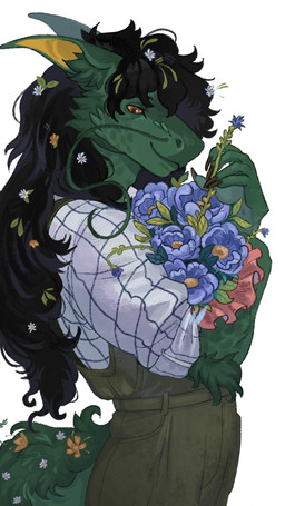 accessory anthro black_hair clothed clothing dragon_green flower flower_in_hair grass hair hair_accessory male open_clothing open_shirt open_topwear plant plant_pot shirt solo topwear yellow_eyes ryan1111_(artist) dungeons_and_dragons hasbro mythology wizards_of_the_coast dragon dragon_(dnd) green_dragon_(dnd) mythological_creature mythological_scalie scalie hi_res