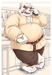 anthro blush bottomwear clothed clothing detailed_background fur humanoid_hands inside kemono male overweight overweight_anthro overweight_male pants scar solo white_body white_fur aotoaka felid mammal pantherine tiger 2021 absurd_res hi_res