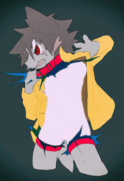 4_fingers anthro bangs black_ears black_hair black_inner_ear black_nose brown_hair clothed clothing coat collar collar_pull cuff_(restraint) cute_fangs eye_scar facial_scar fangs fingers flashing fur glowing glowing_body glowing_clothing grey_background grey_body grey_fur hair highlights_(coloring) leotard leotard_under_clothing male messy_hair mid_transformation naturally_censored open_mouth partially_clothed pushbutton red_collar red_cuffs restraints scar side_view simple_background solo sparks tail teeth teeth_showing thigh_cuffs topwear transformation transformation_device transformed_clothing yelling yellow_clothing yellow_coat yellow_topwear young young_anthro young_male jinnosound canid canine canis domestic_dog mammal hi_res portrait three-quarter_portrait