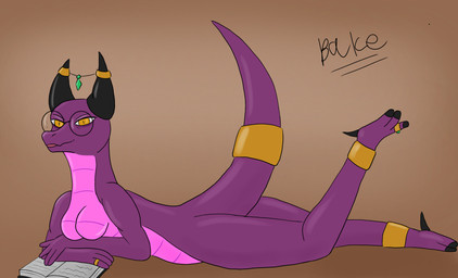 accessory anthro book breasts eyewear female foot_ring furgonomics glasses horn jewelry looking_at_viewer lying non-mammal_breasts pink_body pink_scales purple_body reading ring round_glasses scales simple_background solo tail tail_accessory tail_jewelry yellow_eyes bake_a_snake mythology dragon kobold mythological_creature mythological_scalie scalie hi_res