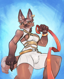 anthro bulge clothed clothing gynomorph holding_leash holding_object intersex leash leashed_viewer looking_at_viewer looking_down looking_down_at_viewer low-angle_view orange_eyes smile solo sneakyracc canid canine mammal maned_wolf digital_media_(artwork) hi_res