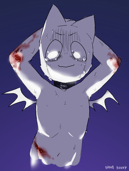 anthro blood bodily_fluids bruised closed_smile crying kemono male mouth_closed pain purple_background simple_background smile solo tears tears_of_pain white_wings wings wounded bravobunny bat mammal half-length_portrait hi_res portrait