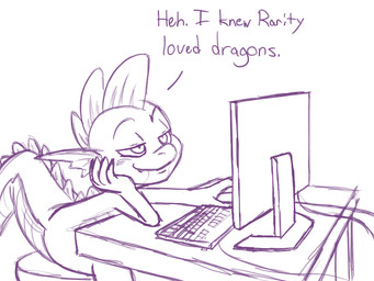 chair computer computer_keyboard computer_mouse cord dialogue electronics furniture male monitor simple_background solo tail teeth text white_background jacorey friendship_is_magic hasbro my_little_pony mythology spike_(mlp) dragon mythological_creature mythological_scalie scalie 4:3 english_text monochrome purple_and_white