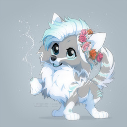 black_nose blue_eyes blue_hair blue_markings blue_tongue cheek_tuft chibi eyelashes facial_tuft female feral flower flower_crown fur grey_background grey_body grey_fur hair heterochromia long_eyelashes looking_up magic markings mohawk multicolored_hair neck_tuft nude open_mouth open_smile plant short_hair simple_background smile solo striped_markings stripes tail tongue tuft two_tone_hair white_body white_fur white_hair azzai canid canine canis mammal wolf 1:1 2019 colored digital_drawing_(artwork) digital_media_(artwork) shaded