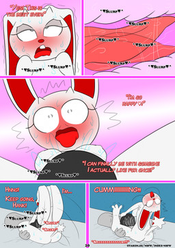 anthro bed blush bodily_fluids breasts buckteeth clothing cunnilingus dialogue doll duo female floppy_ears fluffy fur furniture genital_fluids genitals grabbing_head grey_body grey_skin hand_on_head hand_on_leg hat head_grab headgear headwear heart_after_text hearts_around_text kerchief licking male nipples nude on_bed open_mouth oral raised_tail red_inner_ear red_nose scut_tail sex shaking short_tail sitting spread_legs spreading stitch_(sewing) sweat sweatdrop tail teeth text tongue tongue_out trembling vaginal white_body white_fur otakon_(artist) 2spot_studio bloody_bunny_(series) madness_combat bloody_bunny hank_j._wimbleton animate_inanimate lagomorph leporid living_doll mammal nevadean_(madness_combat) rabbit comic digital_media_(artwork) english_text hi_res tagme