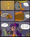 2012 applejack_(mlp) bandage bed bedroom blonde_hair book candle clothed clothing comic cutie_mark dialogue digital_media_(artwork) dresser duo earth_pony english_text equid equine female feral fire freckles friendship_is_magic fur furniture hair hasbro heart_symbol horn horse inside mammal mane metal_(artist) multicolored_hair my_little_pony mythological_creature mythological_equine mythology pony purple_body purple_eyes purple_fur purple_hair reveal surprise text twilight_sparkle_(mlp) two_tone_hair unicorn