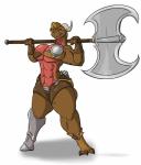 3_toes 4_fingers abs anthro armor arrow_(weapon) asymmetrical_clothing axe battle_axe belly biceps big_breasts biped blonde_hair bottomwear breast_armor breasts brown_body brown_claws brown_scales claws cleavage clothed clothing convincing_weapon crossbow_bolt curvy_figure double_bitted_axe eyebrows eyelashes facial_scar fantasy_axe fantasy_weapon feet female female_anthro fingerless_gloves fingers gloves greataxe greaves hair half-closed_eyes handwear holding_object holding_weapon horn hourglass_figure huge_breasts large_weapon long_hair looking_at_viewer melee_weapon multicolored_body multicolored_scales muscular muscular_anthro muscular_female narrowed_eyes non-mammal_breasts quiver_(object) ranged_weapon red_belly red_body red_scales sabatons scales scar shadow sharp_teeth shorts simple_background skimpy small_waist smile snout solo standing tan_horn teeth thick_thighs toes unconvincing_armor under_boob weapon weapon_on_shoulder white_background yellow_eyes shinysteel mythology dragon mythological_creature mythological_scalie scalie 2016 hi_res