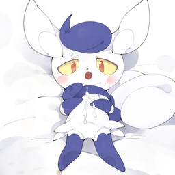 2_tails ambiguous_gender arm_markings biped black_nose blue_markings blue_tuft blush blush_lines bodily_fluids cum cum_on_belly cum_on_body cum_on_hand featureless_crotch featureless_feet featureless_hands feet folded_ears fur genital_fluids gloves_(marking) head_tuft hip_tuft leg_markings looking_at_viewer lying markings multi_tail multicolored_body multicolored_fur neck_tuft nude null on_back on_model open_mouth red_eyes shadow simple_background small_nose socks_(marking) solo sweat sweatdrop tail tail_markings tuft two_tone_body two_tone_fur white_background white_body white_fur yellow_sclera young young_ambiguous young_humanoid youjomodoki nintendo pokemon felid generation_6_pokemon humanoid mammal meowstic pokemon_(species) 1:1 2022 digital_media_(artwork) hi_res shaded simple_shading female_(lore)