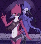 anthro blue_eyes bottomwear bra breasts chain-link_fence clothing denim denim_clothing duo female fence green_eyes male non-mammal_breasts panties shorts side_boob under_boob underwear nyne cartoon_network regular_show margaret_smith_(regular_show) mordecai_(regular_show) avian bird blue_jay cardinal_(bird) corvid jay_(bird) new_world_jay oscine passerine digital_media_(artwork)