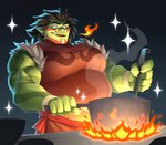 belly clothed clothing cooking cookware eyebrows fire frying_pan green_body green_skin hair humanoid_pointy_ears kitchen_utensils male musclegut muscular muscular_humanoid muscular_male not_furry overweight overweight_humanoid overweight_male pointy_ears solo sparkles teeth tools racesolar battle_chef_brigade thrash_(battle_chef_brigade) humanoid orc hi_res