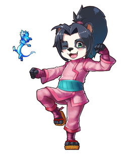 3_toes 4_fingers accessory anthro belt black_body black_fur black_hair black_nose blue_body blue_scales blush bottomwear clothing countershade_face countershading duo feet female fingers fist flying footwear fur green_belt green_eyes hair hair_accessory hair_ring hand_wraps leg_wraps looking_at_viewer on_one_leg one_eye_closed open_mouth pants pink_bottomwear pink_clothing pink_pants pink_shirt pink_topwear ponytail pose sandals scales shirt shoes simple_background smile standing tail teeth toes tongue topwear white_background wink winking_at_viewer wraps young young_anthro young_female spacepigeon blizzard_entertainment mythology warcraft li_li_stormstout aquatic aquatic_dragon bear dragon mammal mythological_creature mythological_scalie pandaren scalie 2017 colored digital_drawing_(artwork) digital_media_(artwork) hi_res