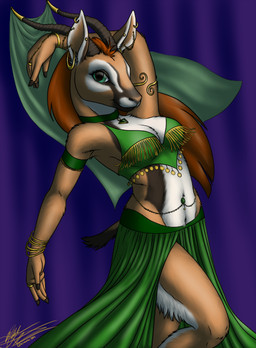 anthro armlet belly_chain belly_dancer belly_gem biped bottomwear bracelet breasts choker cleavage clothed clothing collar dancing ear_piercing ear_ring female gem green_eyes hair harem harem_outfit horn jewelry looking_at_viewer navel navel_piercing necklace piercing ring ring_piercing skimpy skirt solo standing tassels waist_accessory ksharra antelope bovid mammal