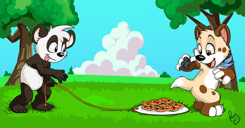 anthro black_body black_fur black_nose blue_sky brown_body brown_eyes brown_fur cheek_tuft closed_smile cloud cookie day duo facial_tuft featureless_crotch food fur glistening glistening_eyes grass head_tuft kerchief knee_tuft leg_tuft logo male male_anthro mouth_closed neckerchief neckwear nude open_mouth open_smile outside pink_tongue plant plate rope sky smile standing tan_body tan_fur tongue tongue_out tree tuft white_body white_fur young young_anthro young_male pandapaco parinton bear canid canine canis domestic_dog giant_panda mammal artist_logo signature