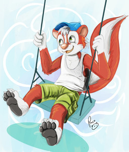 anthro blue_clothing blue_hat blue_headwear bottomwear cheek_tuft claws clothed clothing facial_tuft fur glistening glistening_eyes green_bottomwear green_clothing green_eyes green_shorts hair hat headgear headwear logo looking_up male open_mouth open_smile red_body red_fur red_tail shorts sitting smile solo swing tail tuft white_body white_claws white_fur white_hair white_tail young young_anthro young_male pandapaco travis_cooncub mammal mephitid skunk artist_logo signature