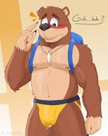 anthro black_nose blue_eyes blush bodily_fluids bottomwear brown_body brown_fur clothing countershade_face countershade_torso countershading fur genital_fluids jockstrap leaking_precum male pants precum solo standing tan_body tan_countershading underwear touffe banjo-kazooie rareware banjo_(banjo-kazooie) bear mammal absurd_res hi_res