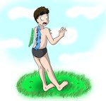 barefoot biped blue_eyes brown_hair clothed clothing eyewear eyewear_on_head feet fingers fur goggles goggles_on_head goo_transformation grass hair looking_back male mid_transformation onomatopoeia open_mouth outside paint plant rear_view simple_background solo sound_effects species_transformation standing surprise swimwear text toes tongue transformation fox0808 dustyfoxy human mammal 2012 colored