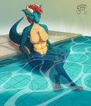 anthro athletic bath bathing big_breasts breasts covering covering_crotch ear_piercing ear_ring feet female green_eyes hair horn jewelry looking_at_viewer muscular muscular_female nipples nude pawpads paws piercing red_hair relaxing ring_piercing scales sitting solo suggestive_look tail water fauxfowl mythology dragon mythological_creature mythological_scalie scalie hi_res