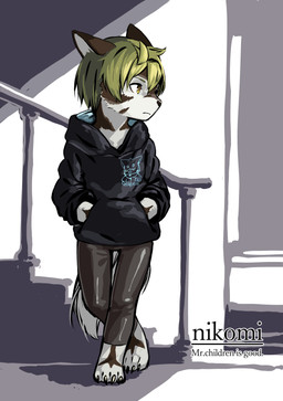 4_toes anthro bangs black_bottomwear black_clothing black_hoodie black_pants black_spandex black_sweater black_topwear bottomwear brown_body brown_fur brown_markings claws clothed clothing eyebrows feet fur fur_markings glistening glistening_bottomwear glistening_clothing glistening_pants green_hair grey_background grey_body grey_eyebrows grey_fur grey_tail hair hand_in_pocket hoodie leaning leaning_backward leaning_on_railing leggings legwear logo_on_clothing looking_offscreen male markings multicolored_body multicolored_fur pants pockets simple_background solo spandex spandex_clothing spandex_pants stairs stairwell standing sweater tail text tight_clothing toe_claws toes topwear two_tone_body two_tone_fur white_background yellow_eyes young young_anthro young_male umani harvic canid canine canis mammal wolf english_text hi_res