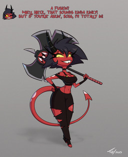 2_horns axe battle_axe big_breasts big_hair biped black_clothing black_hair bottomwear breasts buckteeth cleavage clothed clothing expression_avatar eyelashes female glistening_eyelids grey_background hair hand_on_hip holding_battle_axe holding_melee_weapon holding_object holding_weapon horn imminent_transformation lidded_eyes long_eyelashes looking_at_viewer melee_weapon mole_under_eye nipple_outline pants pupils red_body red_skin simple_background slit_pupils small_waist smile solo spade_tail spiky_hair standing tail talking_to_viewer teeth text thick_thighs torn_bottomwear torn_clothing torn_pants weapon wide_hips yellow_sclera toby_art hellaverse helluva_boss millie_(helluva_boss) demon demon_humanoid humanoid 2025 digital_drawing_(artwork) digital_media_(artwork) english_text full-length_portrait hi_res portrait signature