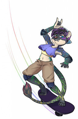 anthro breasts clothed clothing devil_horns_(gesture) facial_piercing fangs female gesture hand_gesture hat headgear headwear lip_piercing looking_at_viewer piercing skateboard skateboarding small_breasts smile solo teeth tomboy vehicle redpixie felid mammal hi_res