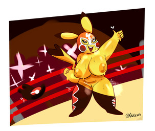 anthro areola big_breasts black_bottomwear black_clothing black_pants bodily_fluids bottomwear bottomwear_down breasts clothed clothing cosplay_pikachu_(costume) dipstick_ears dipstick_tail ear_markings eyelashes female front_view fur genitals gesture hand_gesture huge_breasts markings mask multicolored_ears navel nipples orange_areola orange_nipples pants pants_down partially_clothed pokemorph solo sports_mask sportswear sweat tail tail_markings thick_thighs thumbs_up topless vulva wardrobe_malfunction white_eyes wide_hips wrestling_mask wrestling_outfit yellow_body yellow_fur mckeyes nintendo pokemon pikachu_libre generation_1_pokemon pikachu pokemon_(species) hi_res