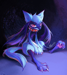 ambiguous_gender anthro black_body black_fur blue_body blue_fur claws collar fur looking_at_viewer pawpads paws red_eyes sitting solo spiked_collar spikes tail lycillu nintendo pokemon generation_4_pokemon pokemon_(species) riolu 2026 hi_res signature