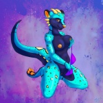 anthro biped breast_fondling breast_play breasts feet female fondling genitals hand_on_breast hindpaw holding_breast horn kneeling looking_at_viewer nipple_piercing nipples nude paws piercing pose purple_background pussy simple_background solo tail tazara tia_(convel) agamid bearded_dragon felid feline hybrid leopardus lizard mammal ocelot reptile scalie 1:1 hi_res pinup