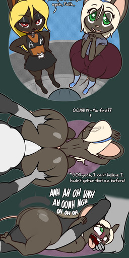 accessory alternative_fashion anthro big_butt black_body black_fur blonde_hair butt clap_(sound_effect) dialogue dipstick_ears ear_markings entrapment fake_butt female fur gloves_(marking) goth green_eyes grey_hair group hair hair_accessory hairband huge_butt hyper loli long_hair male male/female markings moan multicolored_ears pose red_eyes text thick_thighs trapped_in_butt trio young young_anthro young_female norithics faith_grace lagomorph leporid mammal mouse murid murine procyonid rabbit raccoon rodent 2025 absurd_res colored comic digital_drawing_(artwork) digital_media_(artwork) english_text hi_res