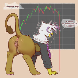 animal_genitalia animal_vulva anus beak bodily_fluids butt butt_focus canine_genitalia canine_vulva chart clothing female female_feral feral flying_sweatdrops genitals jacket necktie plump_labia raised_tail rear_view solo sweat sweatdrop tail tail_anus teats text topwear vulva wings worried cold-blooded-twilight friendship_is_magic hasbro my_little_pony mythology gilda_(mlp) avian gryphon mythological_avian mythological_creature 1:1 2025 english_text hi_res